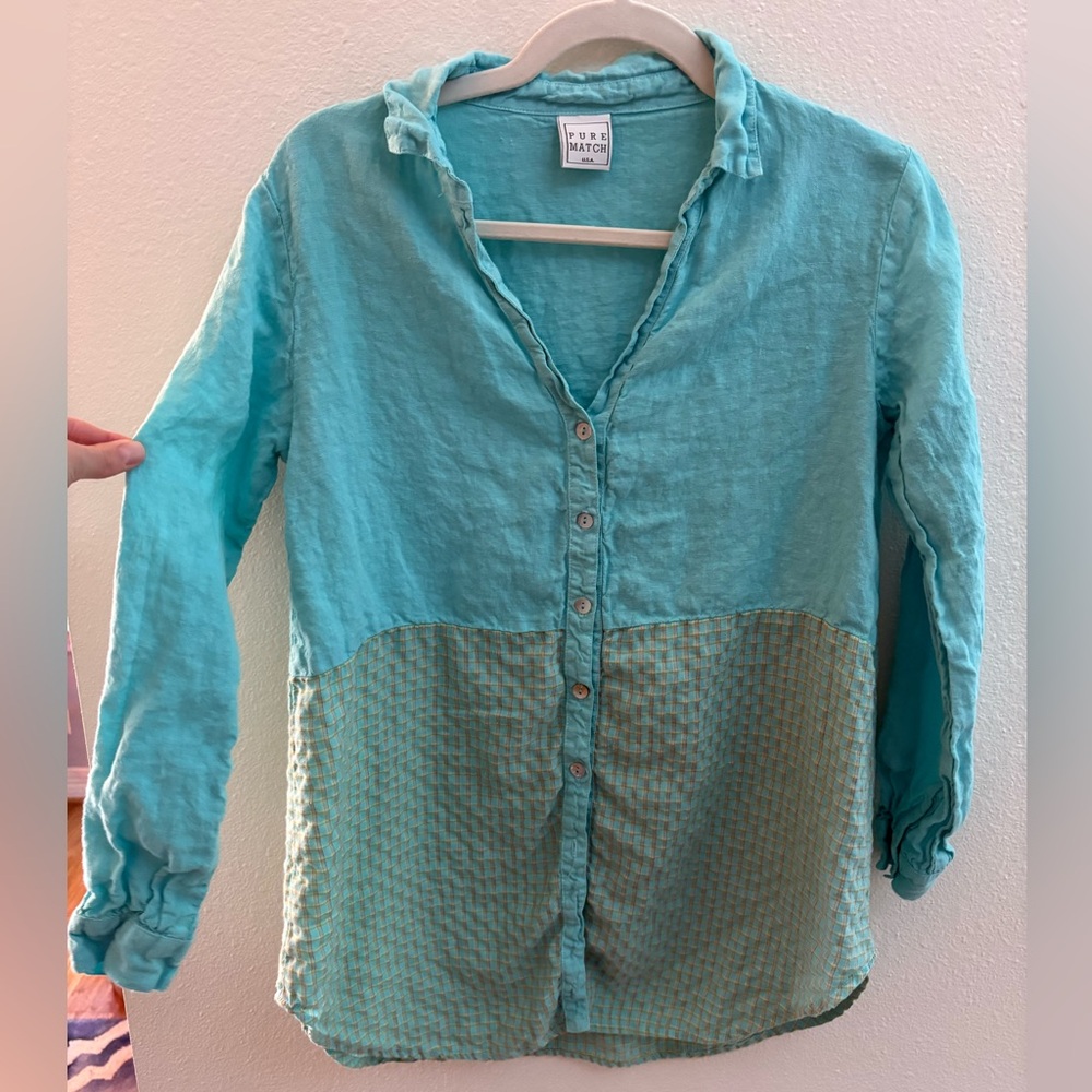 Pure Match 100% Linen Blue Button-Up Shirt Plaid patchwork Small